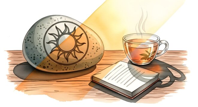 sun symbol painted on a stone next to a book and tea for winter solstice rituals meditation resources and peaceful morning reflection blogs
