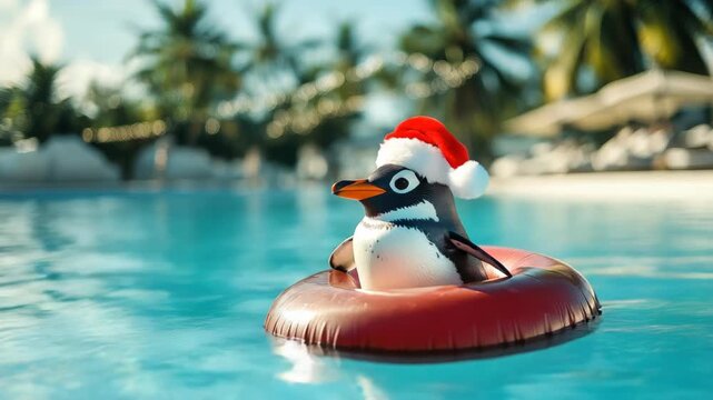Adorable penguin wearing a red Santa Claus hat relaxes on an inflatable ring, floating in a swimming pool at a tropical resort, celebrating a warm and sunny christmas holiday vacation - Powered by Adobe