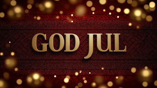 Luxurious Merry Christmas card in swedish language "God Jul" phrase rendered in embossed metallic lettering, deep red velvet background