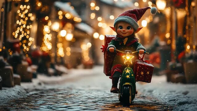 Cute christmas elf delivering presents on a scooter along a snowy European street illuminated by warm, festive lights and decorations, creating a magical winter holiday atmosphere