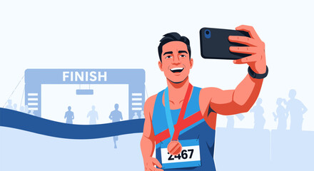 Marathon Runner Captures Victory with a Selfie at the Finish Line.