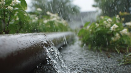Heavy rain pours down, causing water to rush out of a rugged pipe, emphasizing the drainage system's importance. The rushing water illustrates the effects of rain on the surroundin