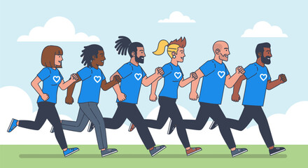 Diverse Team Running Together for Charity Event.
