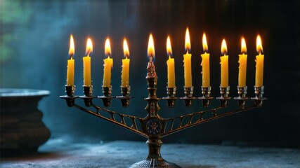 Fototapeta premium Hanukkah candles burning in menorah on stone, spiritual light celebration
