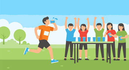 Marathon Runner Hydrating at Water Station with Cheering Volunteers.