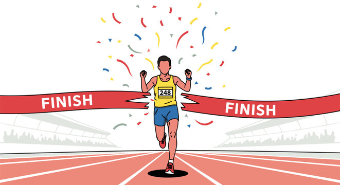 Marathon Runner Breaking Finish Line Tape in Victory.