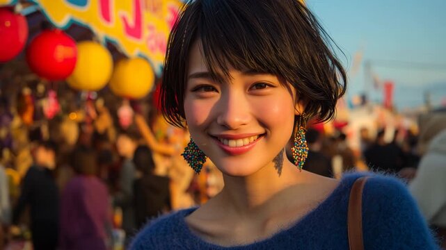 女性が屋外の祭り露店街で笑顔を見せながら歩きカメラを見る
