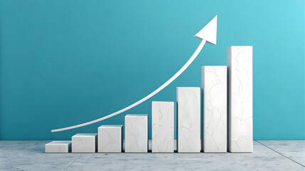 White marble bar chart with upward arrow, business growth, strategic planning, financial progress