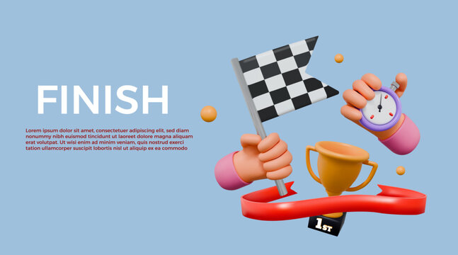 3d run race. Rally banner. Checkered flag in hand. Finish goal on track. Render arm with stopwatch. Competition record. Arrival to start time. Winner goblet. Speed racing. Vector background