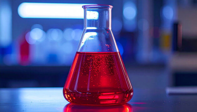 Laboratory glass beaker filled with dark red chromic acid solution, glowing with intense color