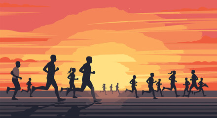 Fototapeta premium Silhouetted Runners at Sunset A Marathon of Determination and Endurance.