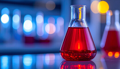 Laboratory glass beaker filled with dark red chromic acid solution, glowing with intense color