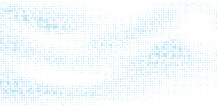 Blue and white pixel background. Abstract digital pattern with a grid of square elements. Futuristic dotted grid with a gradient effect.