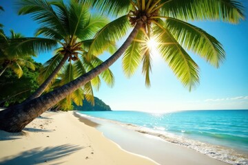 Sun-drenched coconut palm trees leaning over a pristine beach , bright, sunshine, coconuts