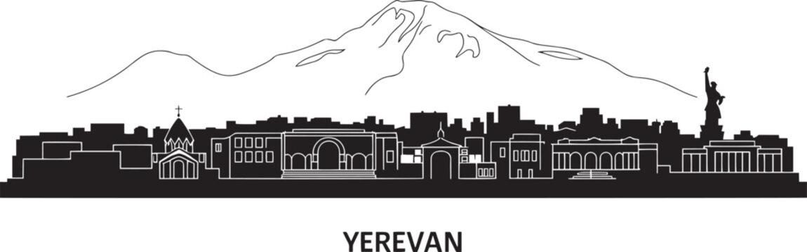 Yerevan armenia skyline silhouette with mount ararat and statue of liberty landmark vector