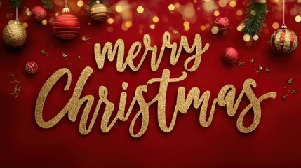 Festive design showcasing Merry Christmas in gold script against a rich red background, adorned with shimmering ornaments, Ideal for holiday promotions, greeting cards, or seasonal decor,