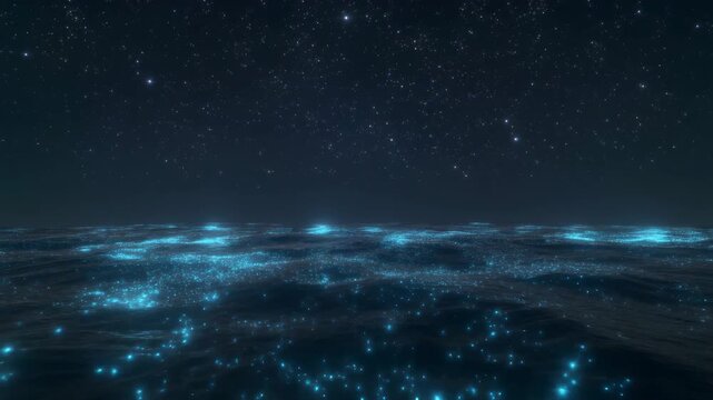 Bioluminescent Ocean Waves Under a Starry Night Sky Keywords: abstract, atmosphere, blue, bright, celestial, coast, dark, deep