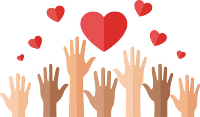 Fototapeta premium Diverse Hands Reaching Upwards Towards Hearts Symbolizing Love and Unity.