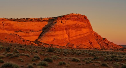 Majestic butte bathed in warm, golden light, revealing its vivid orange geological layers against a wide open sky at twilight ,serene ,rock formation ,arid
