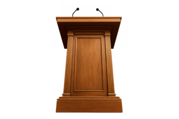 Wooden podium with microphones ready for conferences, presentations, and public speaking events