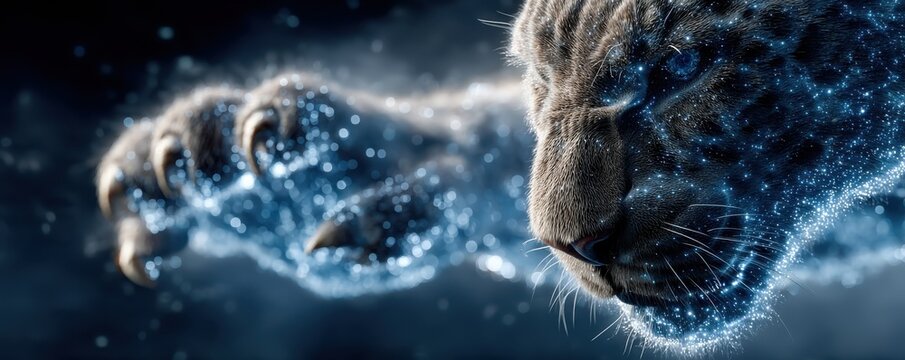 Digital holographic panther in action showcasing glowing technology and elegance