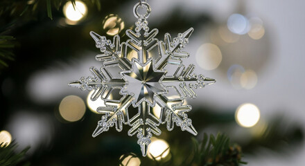 Close-up of a snowflake ornament hanging on a Christmas tree.