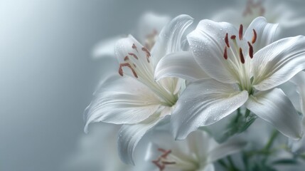 Fototapeta premium Elegant White Lilies with Dewdrops in a Soft Focus Background Creating a Serene and Peaceful Atmosphere for Floral Decor and Nature Lovers