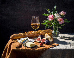 French Still Life with Baguette, Brie, Figs, Butter, and White Wine in Natural Sunlight