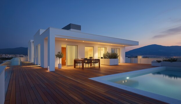 modern house with a wooden deck and swimming pool, set against the backdrop of the algarve's sunset sky. - Powered by Adobe