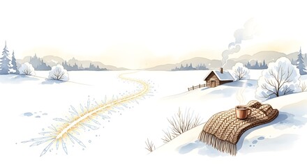 snow covered winter landscape with a cozy cabin and a bright road for seasonal travel guides holiday greeting cards and yule celebration invitations, with copy space