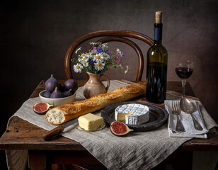 Rustic French Still Life with Baguette, Brie, Figs, Butter, Wine, and Wildflowers