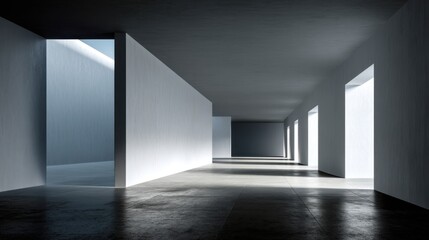 Fototapeta premium Minimalist interior design of modern empty space with bright light shining through open doors and windows creating a serene and spacious atmosphere