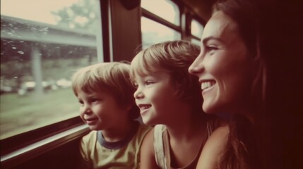 On a train ride, a woman sits with her two children, enjoying the scenery outside the window. The children express excitement as they gaze out, immersed in the moment of travel.