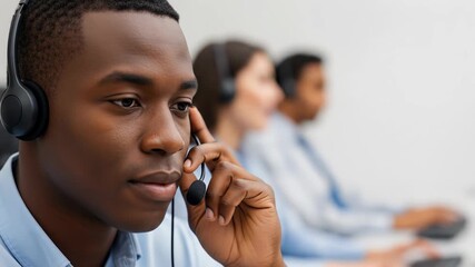 Close up of Man Wearing Headset and Blue Shirt in Office Setting Concentrating on Computer Screen - Powered by Adobe