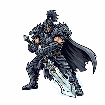 Illustration fierce armored knight cartoon wielding icy greatsword illustration