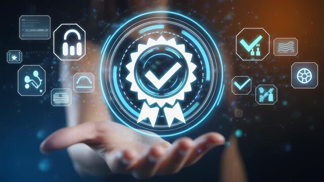 Person holding a glowing quality assurance certification badge with surrounding digital icons