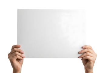 Two hands holding a blank white rectangular sign or paper isolated on a transparent background image