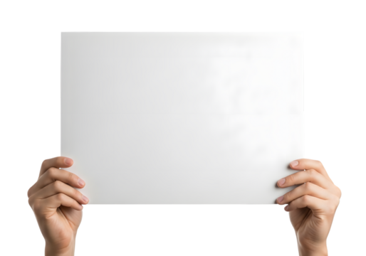 Two hands holding a blank white rectangular sign or paper isolated on a transparent background image