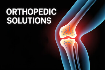 Illustration of knee joint with red and blue shading and text orthopedic solutions on black background