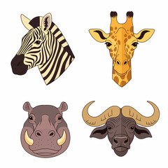 Naklejka premium Vector Illustration set african animals heads zebra giraffe buffalo hippopotamus