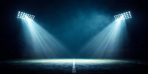 Illuminated stadium field with bright spotlights shining down in the dark night scene view picture