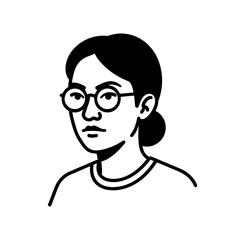 Minimalist black and white vector illustration of a serious young woman with glasses, simple line art graphic