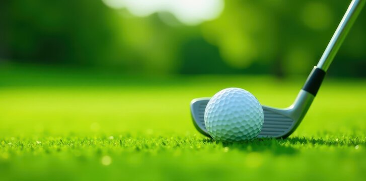 Close-up of golf club head near ball on green, club, professional, leisure