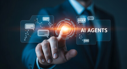 Man in suit touching digital interface displaying ai agents and speech bubbles.