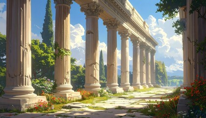 An illustration depicts a weathered stone colonnade under a bright blue sky, with lush greenery and distant hills