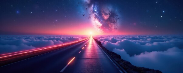 Glimmering bridge extends to breathtaking star-filled horizon  Endless possibilities ,  dreamlike,  infinite,  dreams