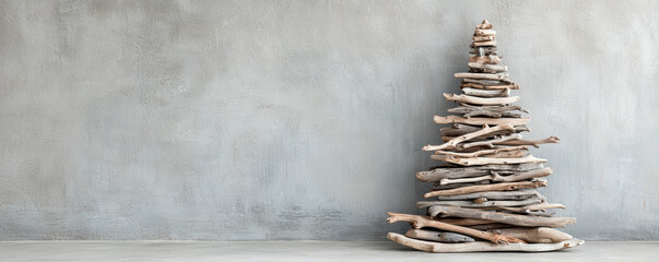 Christmas tree made from driftwood stands against gray wall creating rustic festive decoration with natural wood texture and minimalist style