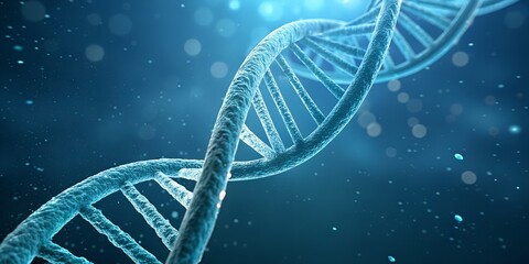 A detailed close up of a dna strand with a blue background and bokeh effect in the background