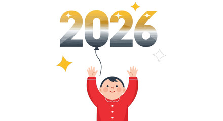 Cheerful Boy Reaching for 2026 Balloon, Celebrating New Year with Joyful Expression.