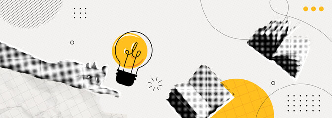 Trendy Halftone Collage Woman Hand with Light bulb and books. Study and education concept. New ideas and solutions. Creative mind or brainstorm. Contemporary vector illustration art